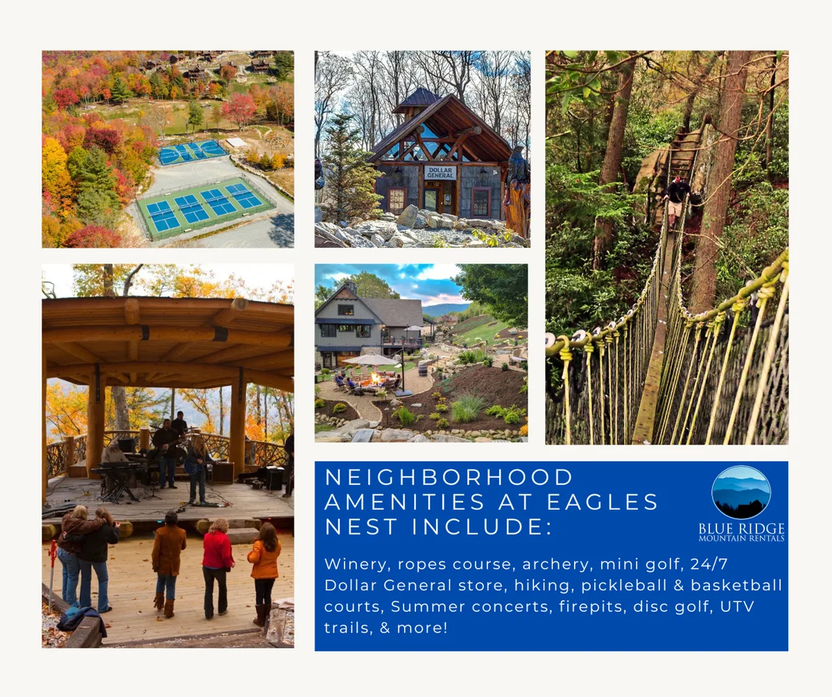 The image showcases a vibrant outdoor scene with people enjoying various amenities: wooden structures serve as gathering spots, groups engage in activities like mini golf and archery, and there’s a festive atmosphere with live music in the background. The landscape includes scenic trails and open spaces ideal for recreation and social events.